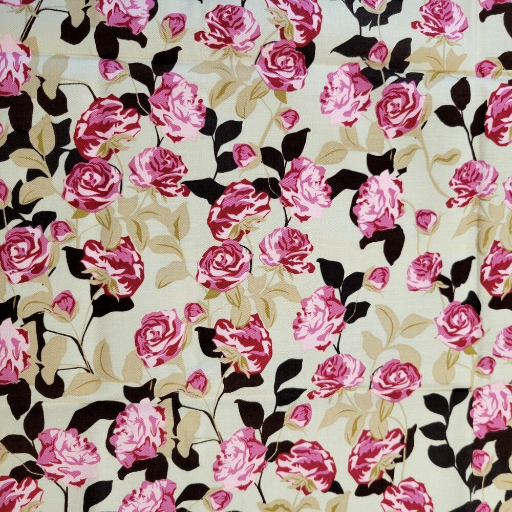 Cotton Fabric Pink Roses Floral Cream Black 18"x44" Pink Chandelier Lovelittle